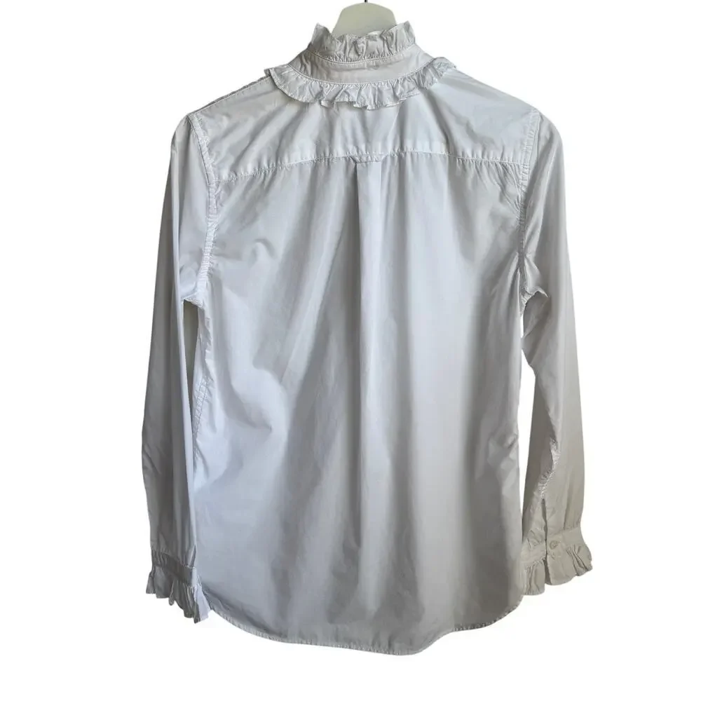 J. Crew Cotton Long Sleeve Classic-Fit Ruffle Neck Shirt White Women's Size 2